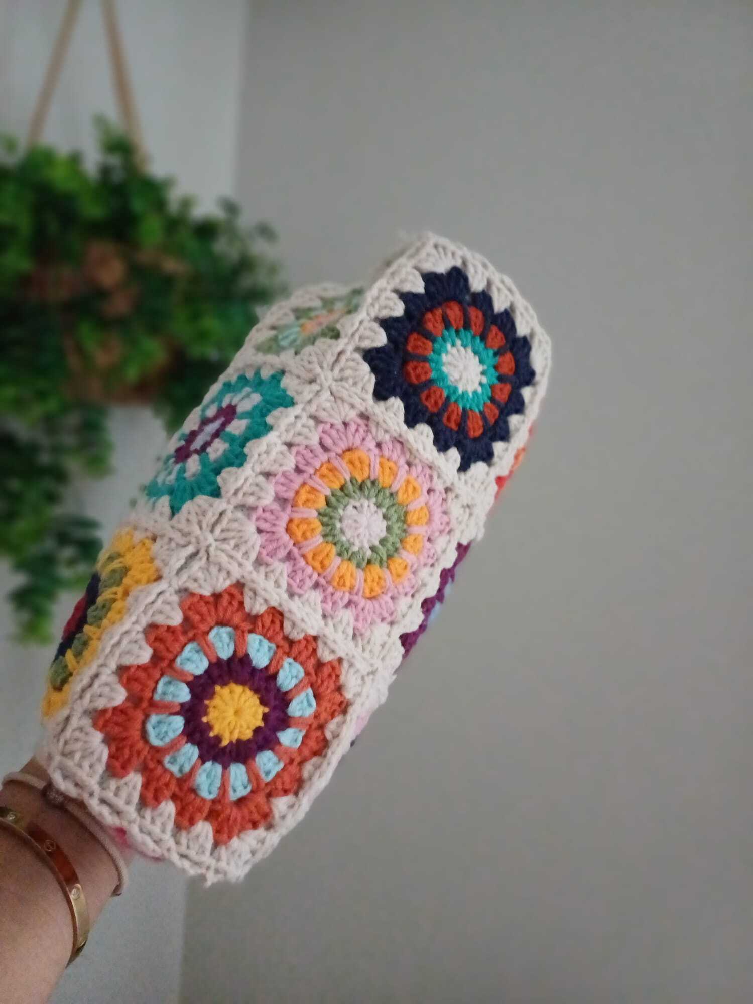 El Örgüsü Ahşap Burslu Koton Motif Büyükanne Çantası