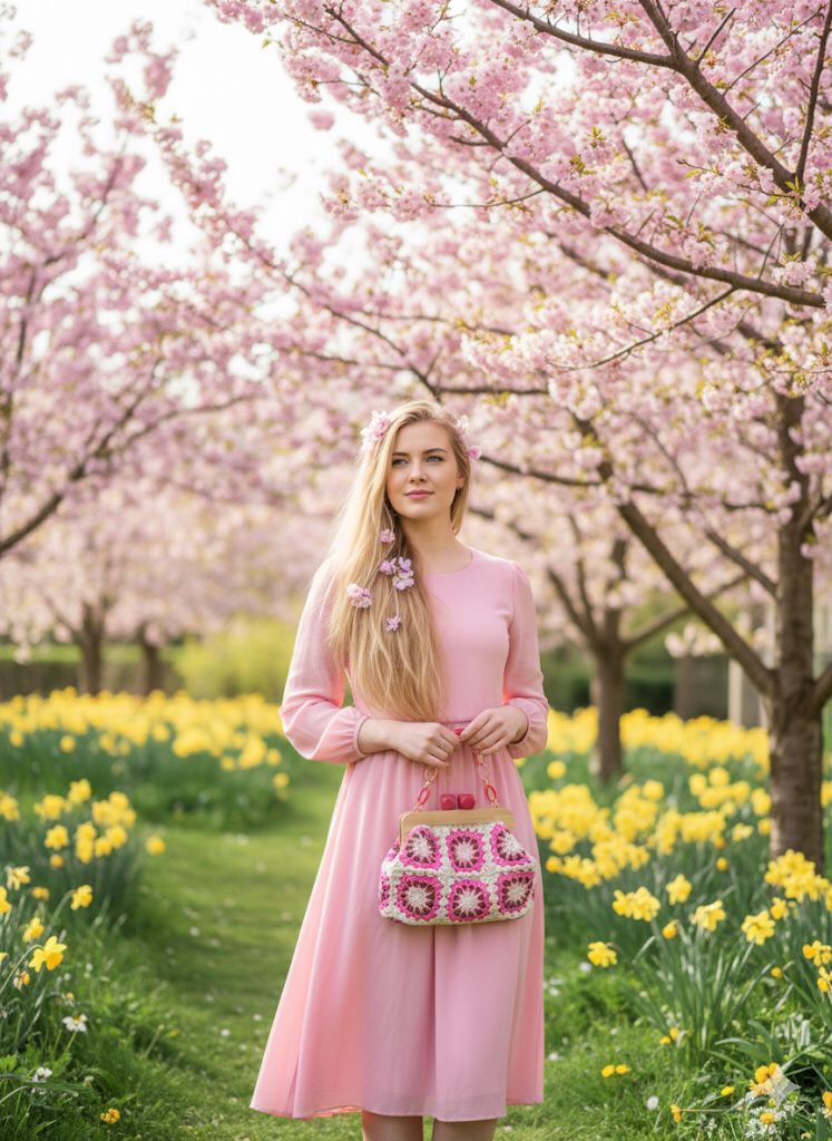 El Örgüsü Ahşap Burslu Koton Motif Pembe Çanta