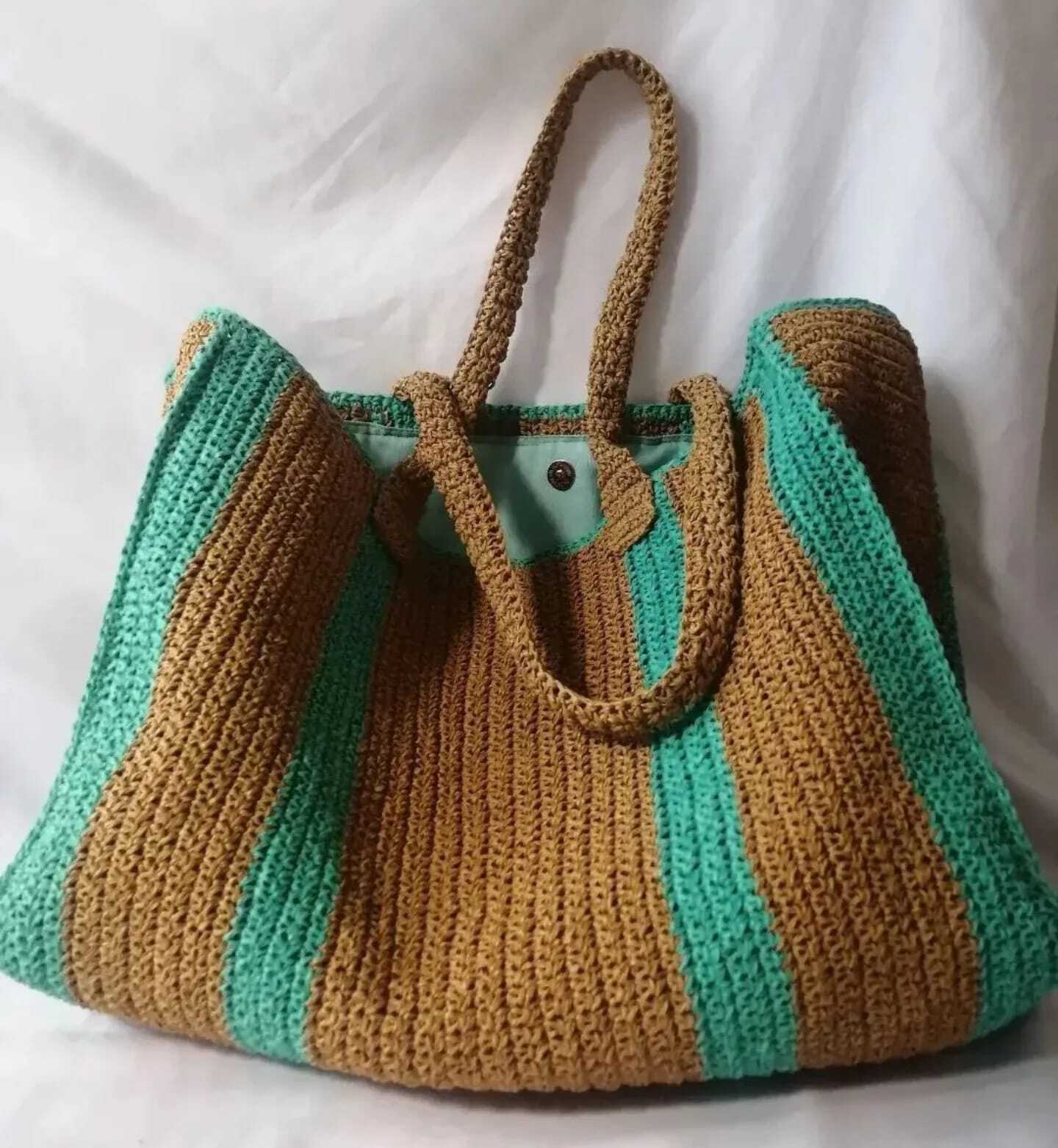 El Örgüsü Tığ İşi Kağıt İp Tote - Çizgili Plaj Çantası El Yapımı