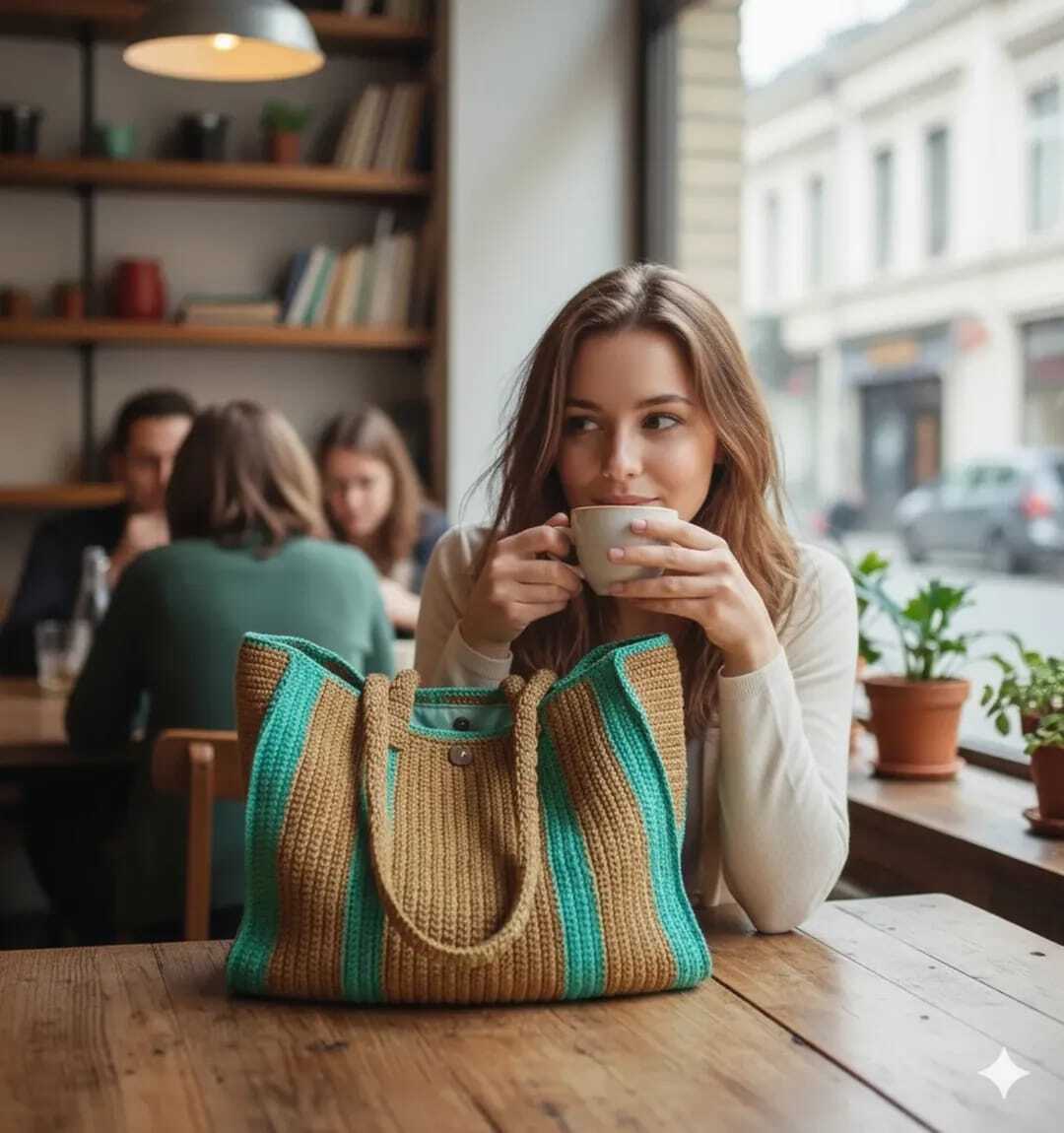 El Örgüsü Tığ İşi Kağıt İp Tote - Çizgili Plaj Çantası El Yapımı