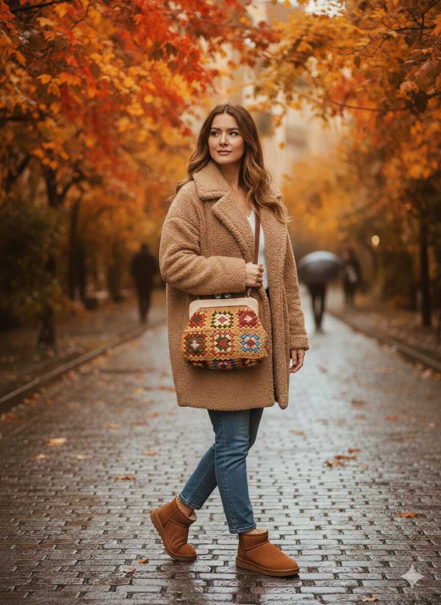 El Örgüsü Ahşap Burslu Karışık Renkli Motif Öpücük Kilitli Çanta Kehribar