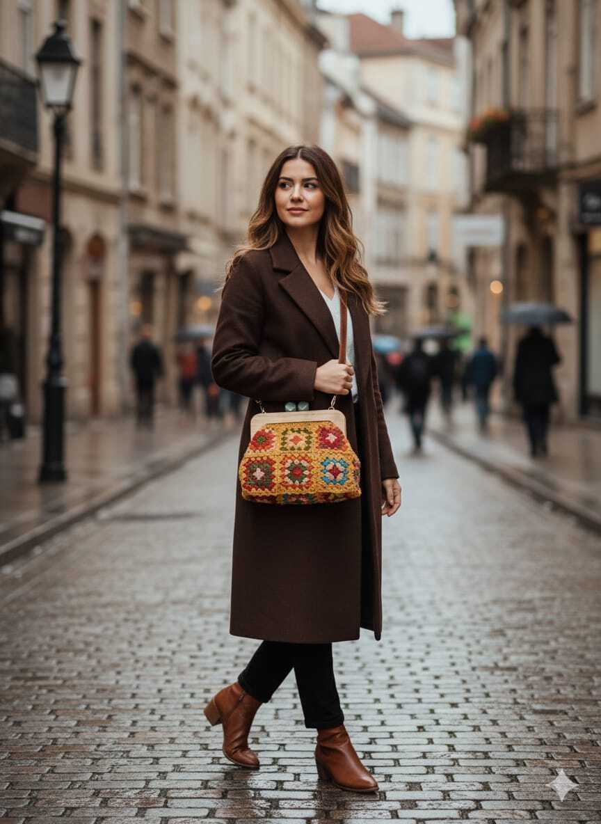 El Örgüsü Ahşap Burslu Karışık Renkli Motif Öpücük Kilitli Çanta Kehribar