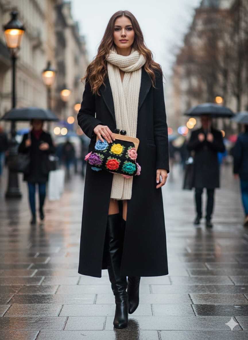 El Örgüsü Ahşap Burslu Karışık Renkli Motif Öpücük Kilitli Çanta Siyah