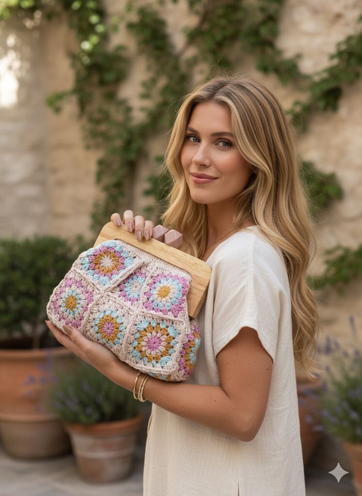 El Örgüsü Ahşap Burslu Pudra Çanta