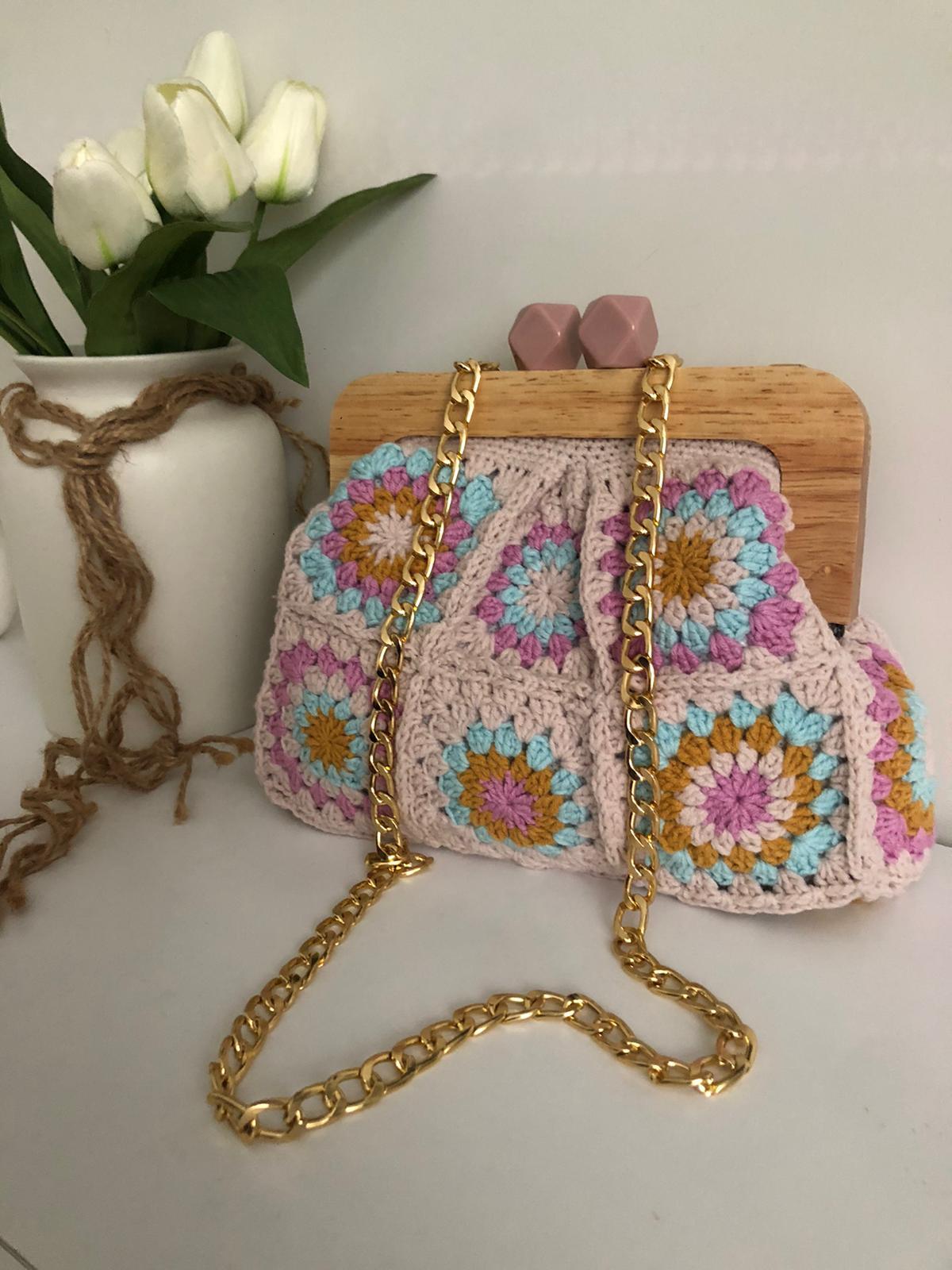 El Örgüsü Ahşap Burslu Pudra Çanta