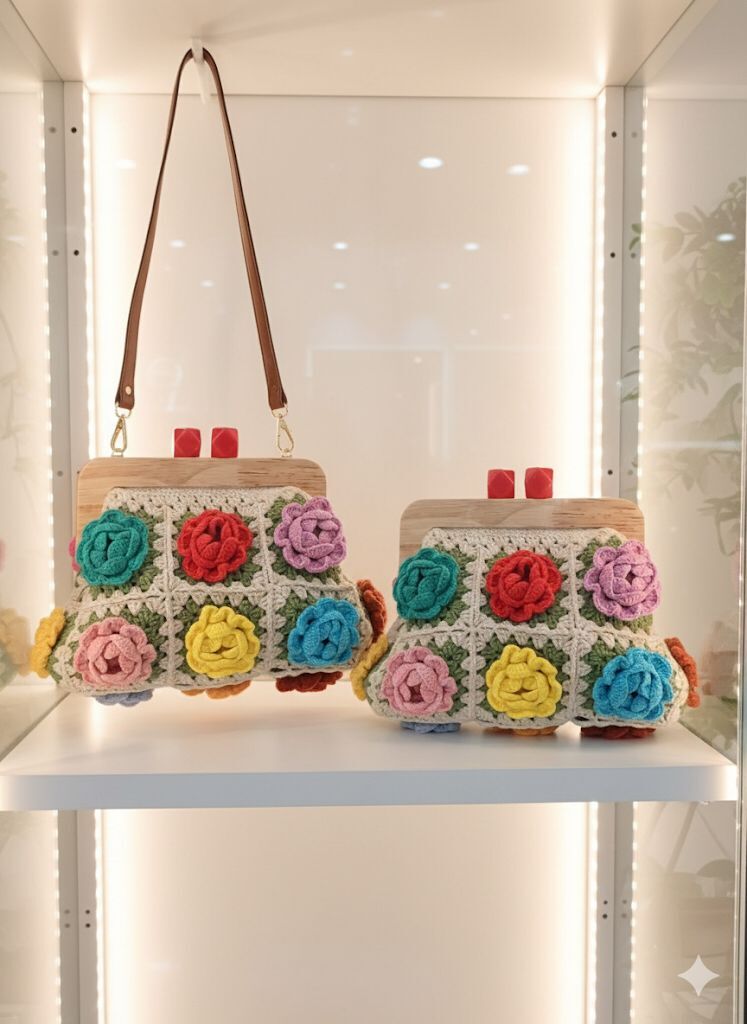 El Örgüsü Ahşap Burslu Koton Motif Büyükanne Çantası